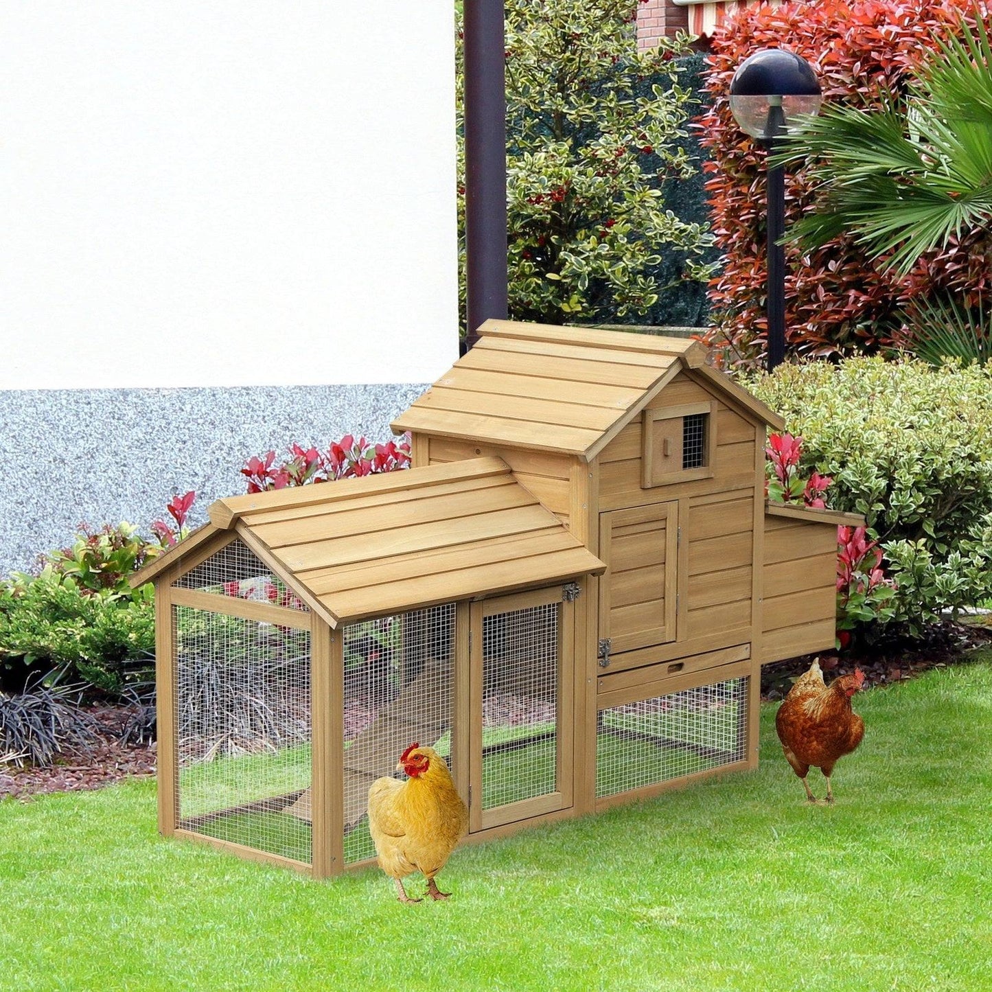 PawHut Small Chicken Coop with Run Hen House Poultry Coops Cages Nesting Box Wood 150.5 x 54 x 87cm - Chartley Chucks