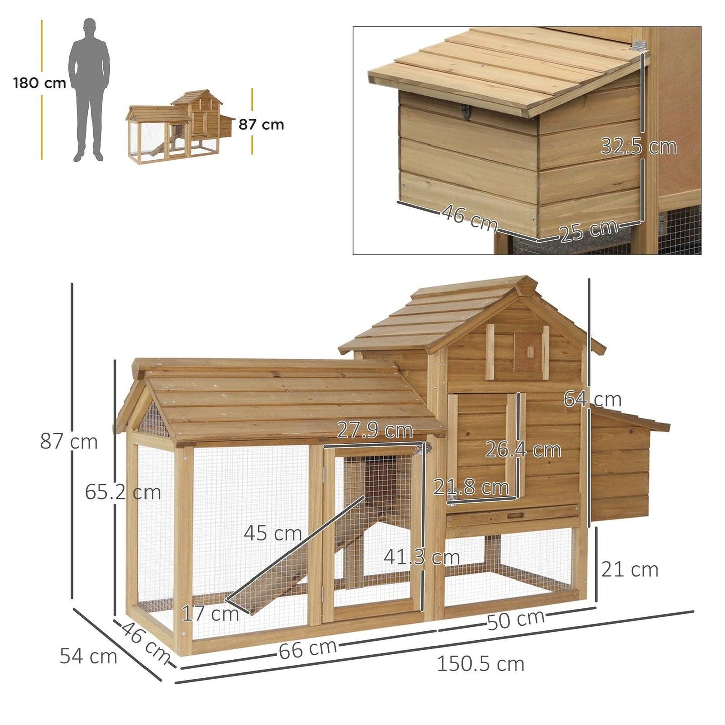 PawHut Small Chicken Coop with Run Hen House Poultry Coops Cages Nesting Box Wood 150.5 x 54 x 87cm - Chartley Chucks