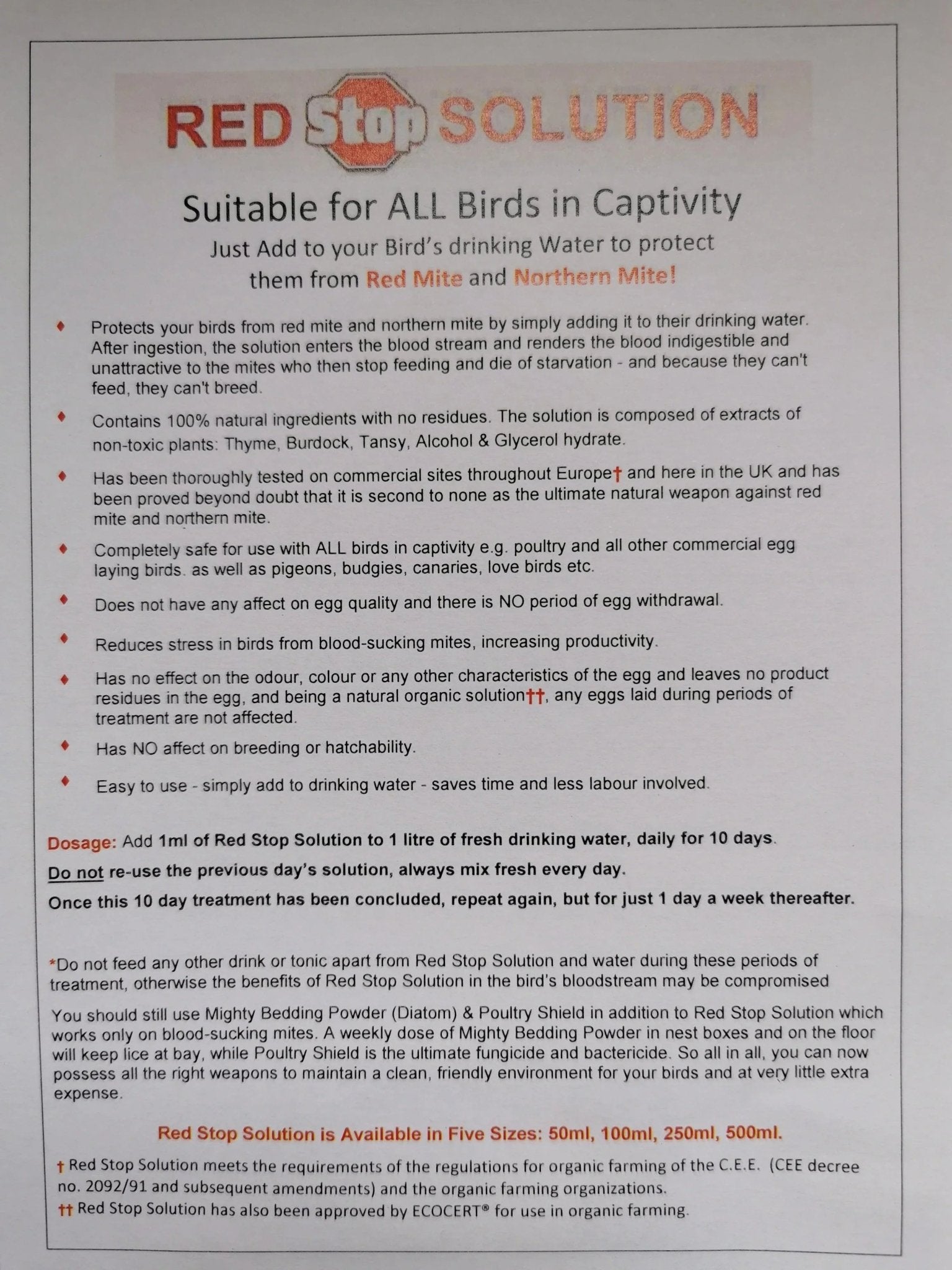 Red Stop concentrate solution for RED MITE control - Chartley Chucks