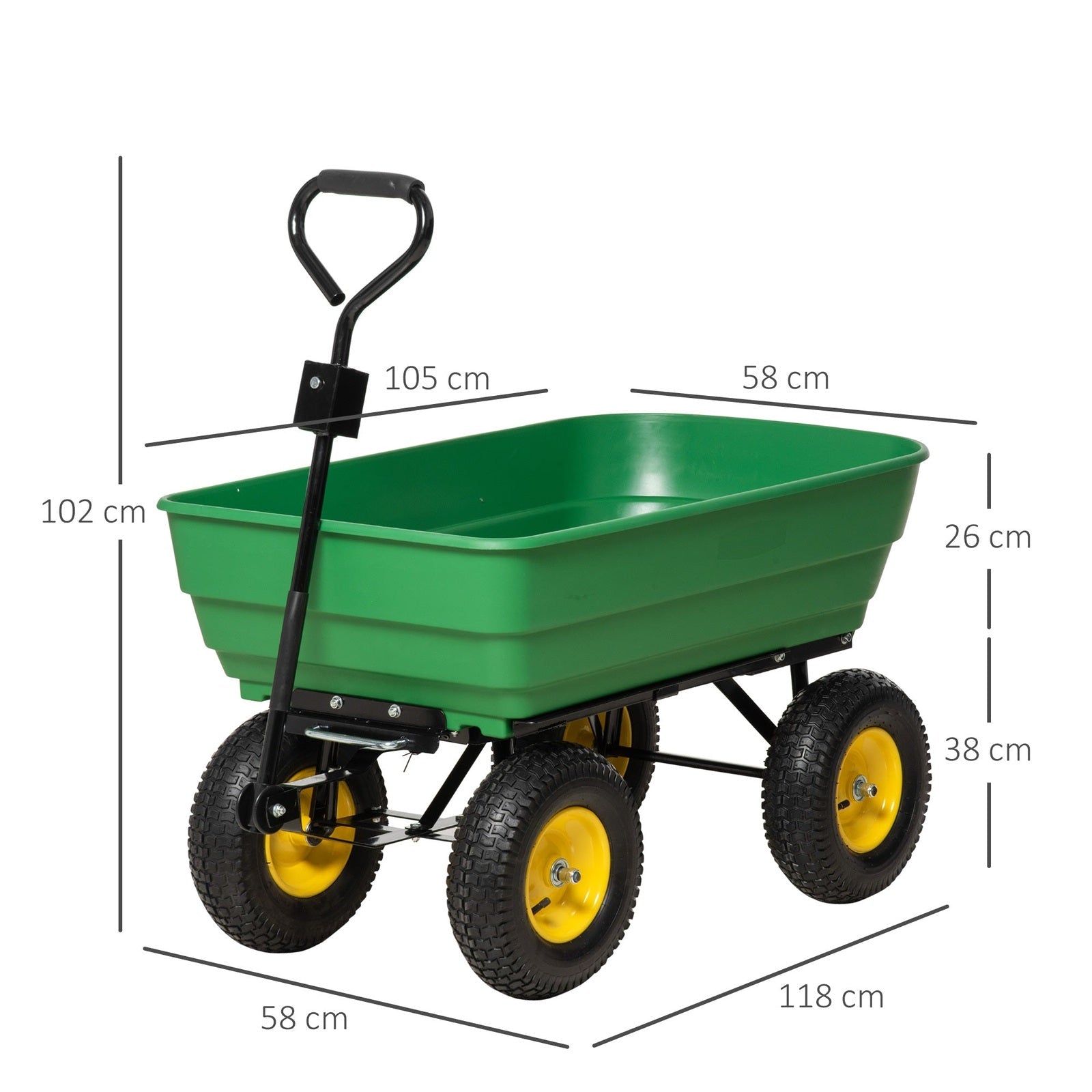 125 Litre Large Garden Cart Heavy Duty 4 Wheel Trolley Dump Wheelbarrow Tipping Truck Trailer - Green - Chartley Chucks