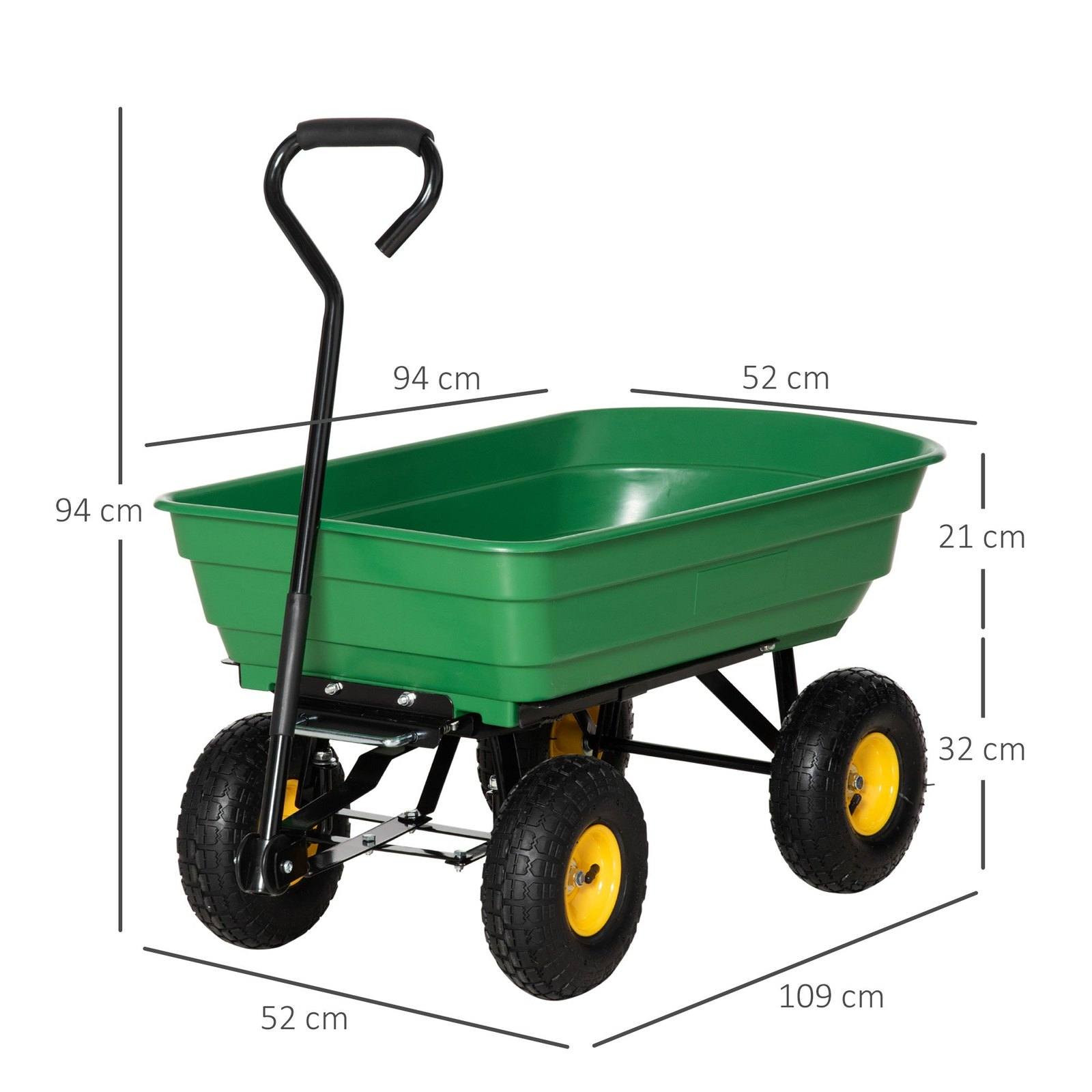 75 Litre Large Garden Cart Heavy Duty 4 Wheel Trolley Dump Wheelbarrow Tipping Truck Trailer - Green - Chartley Chucks