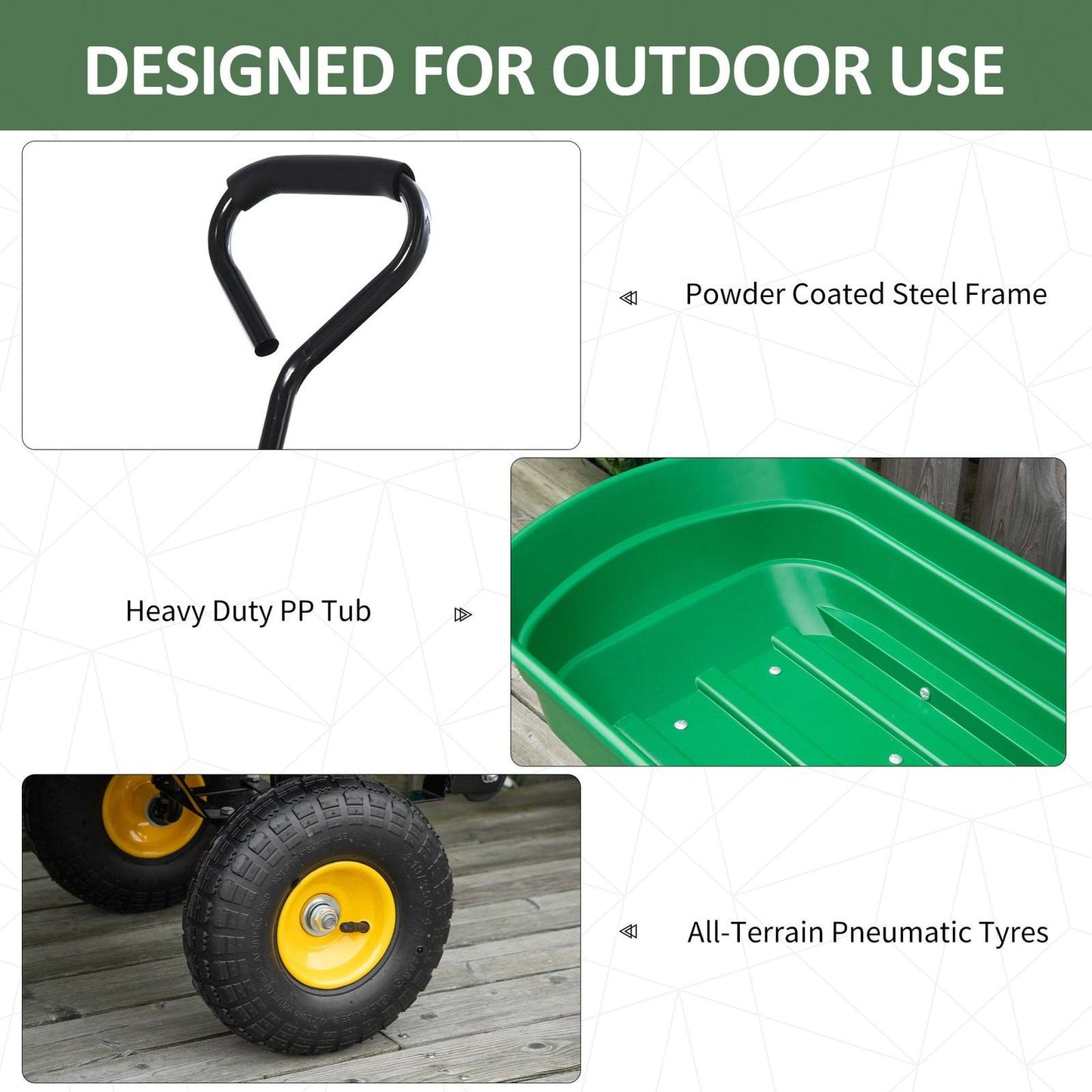 75 Litre Large Garden Cart Heavy Duty 4 Wheel Trolley Dump Wheelbarrow Tipping Truck Trailer - Green - Chartley Chucks
