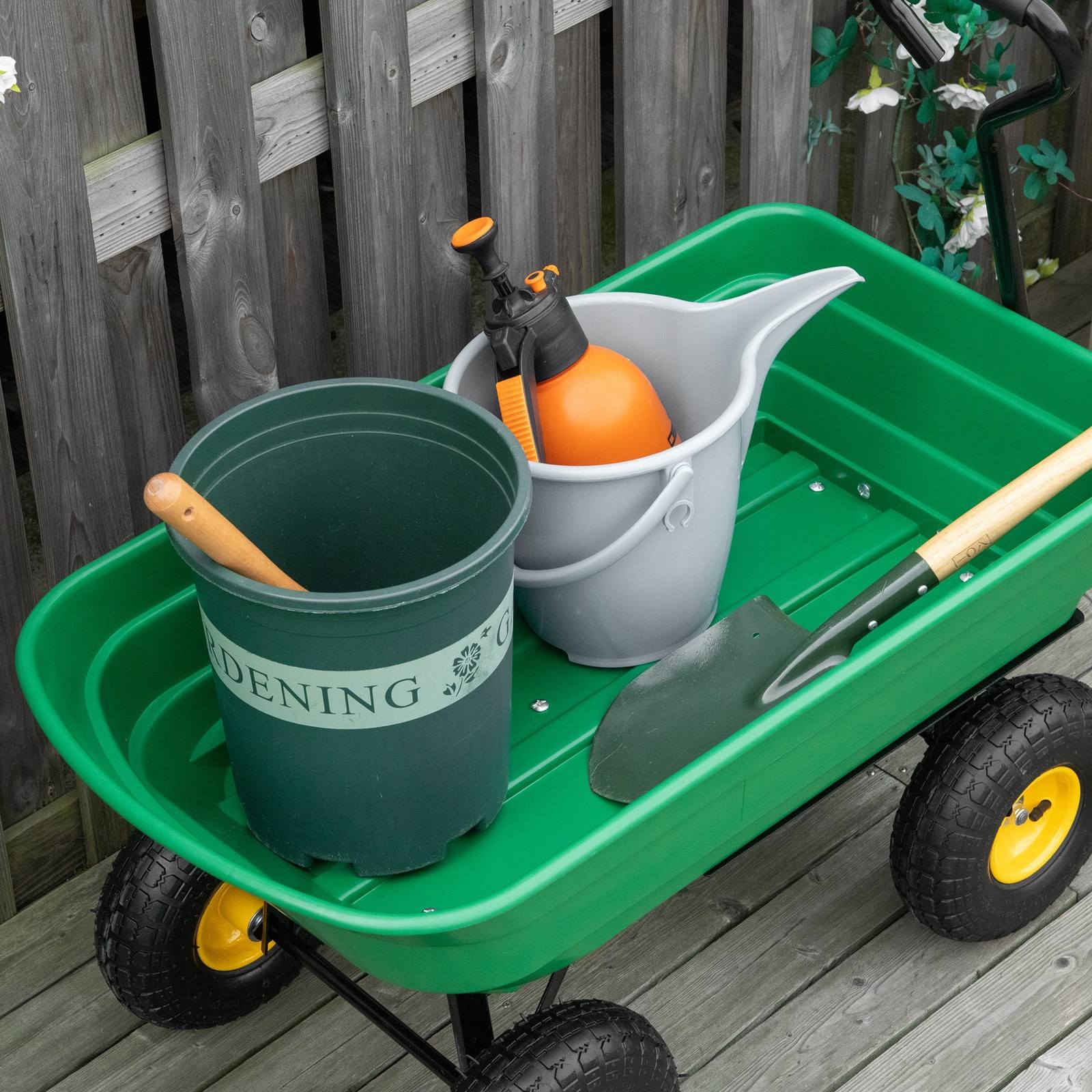 75 Litre Large Garden Cart Heavy Duty 4 Wheel Trolley Dump Wheelbarrow Tipping Truck Trailer - Green - Chartley Chucks