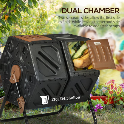 Outsunny 130L Compost Bin Dual Chamber Rotating Composter w/ Ventilation Holes