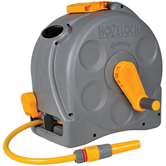 HOZELOCK - 2 - in - 1 Compact Hose Reel 25m : Portable or Wall - mounted Plastic Reel, Easy Rewind Function, Supplied with Nozzle, Fittings and Fixings [2415R0000] - Chartley Chucks