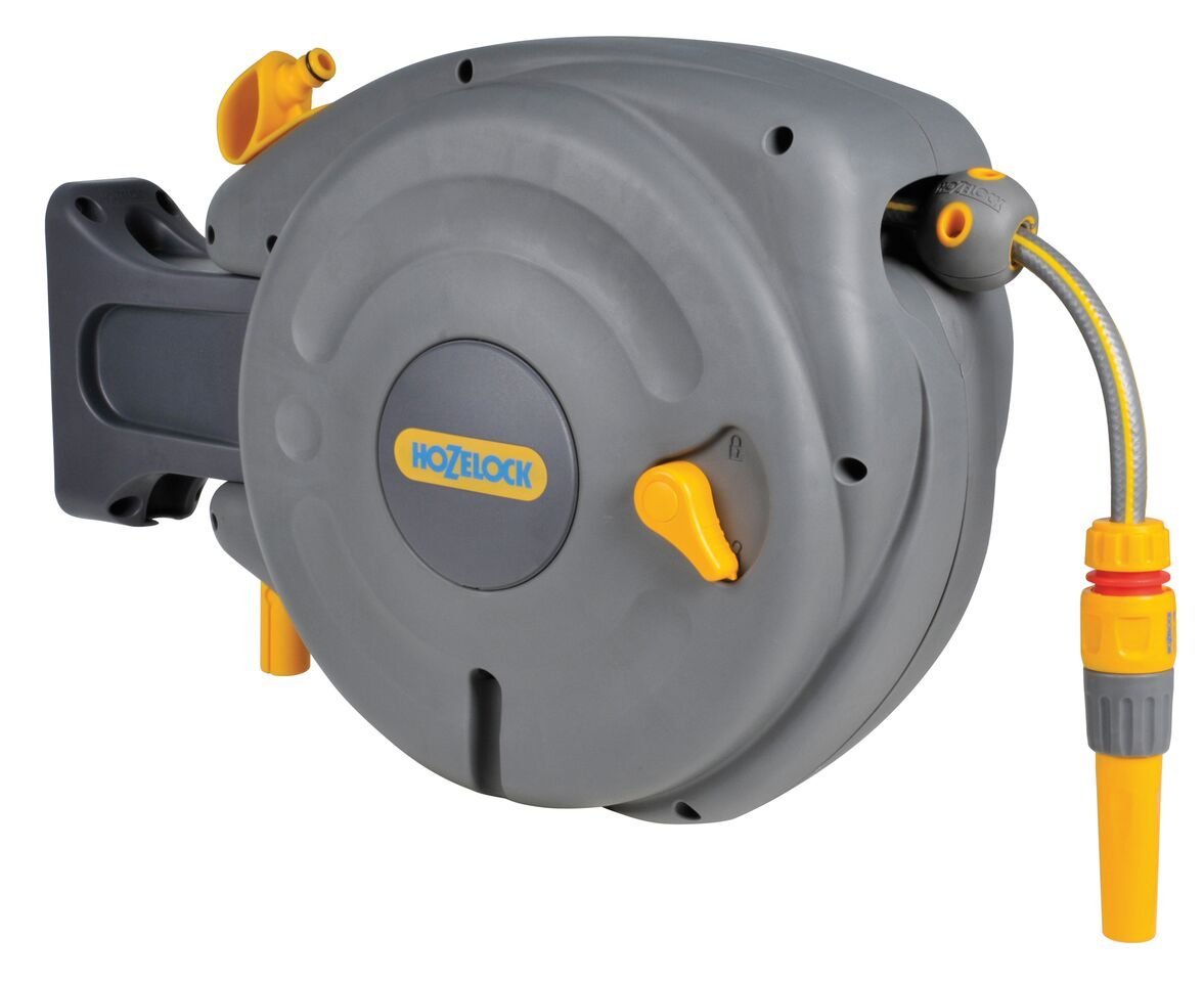 HOZELOCK - Auto Reel Wall - mounted Reel 10m: Easy to Install, Child - lock, Auto - rewind, Ready - to - use Reel with Nozzle, Fittings, Hozelock Hose and - Chartley Chucks