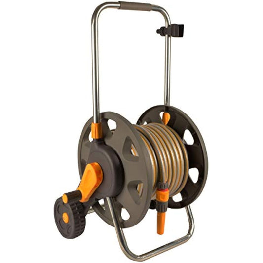 HOZELOCK - Cart Reel Plus 30m (ø 12.5mm) Assembled : Max Capacity 60m, 1 - piece Rewind Handle, Sturdy Frame for General Use, Supplied Assembled with 30m Hose, 1 Nozzle and Fittings Included [2434R0000] - Chartley Chucks