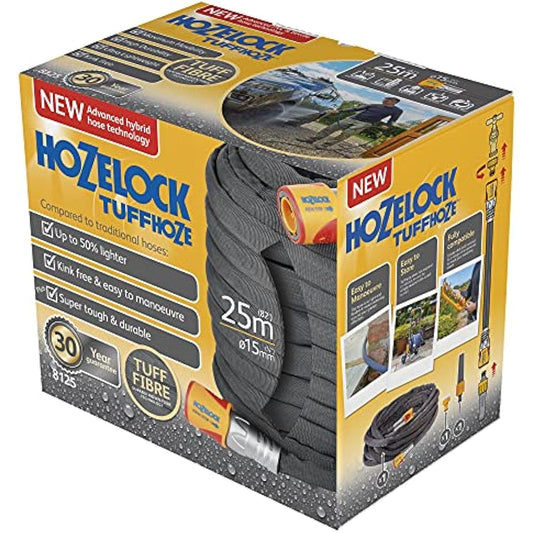 HOZELOCK - Hybrid Watering Hose Tuffhoze 25 m : Extremely Flexible, Tuff - Fibre Woven Technology, Suitable for High - pressure Cleaners (40 bar), Durable hose: Ready to Use [8125 8000] Grey - Chartley Chucks