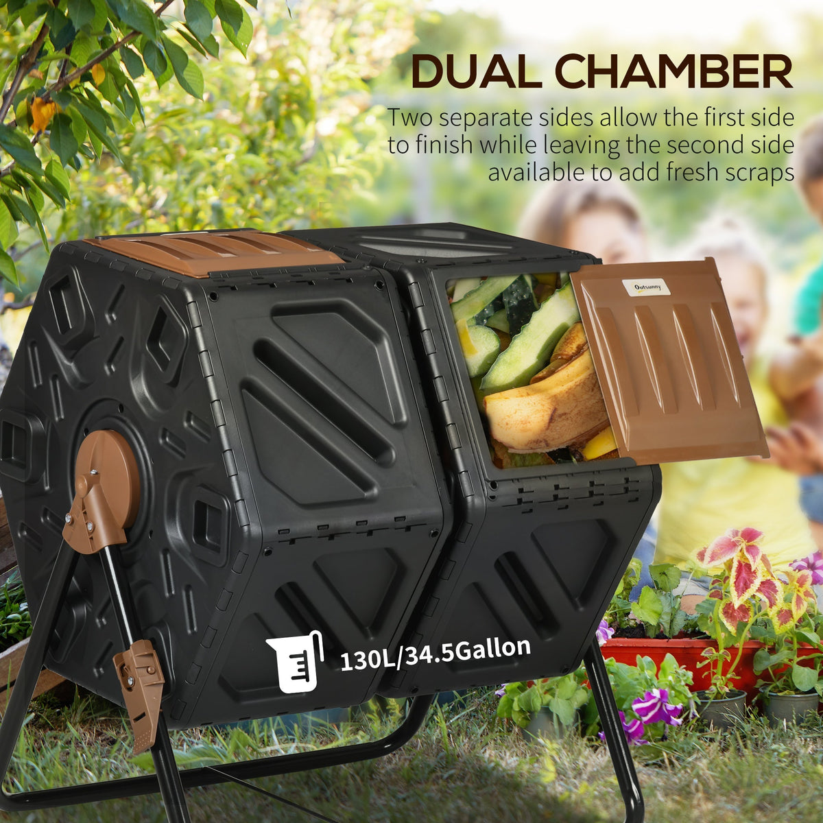 Outsunny 130L Compost Bin Dual Chamber Rotating Composter w/ Ventilation Holes - Chartley Chucks