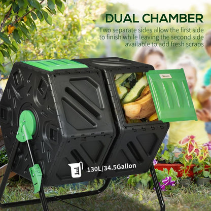 Outsunny 130L Compost Bin - Dual Chamber Rotating Composter with Ventilation Holes - Chartley Chucks