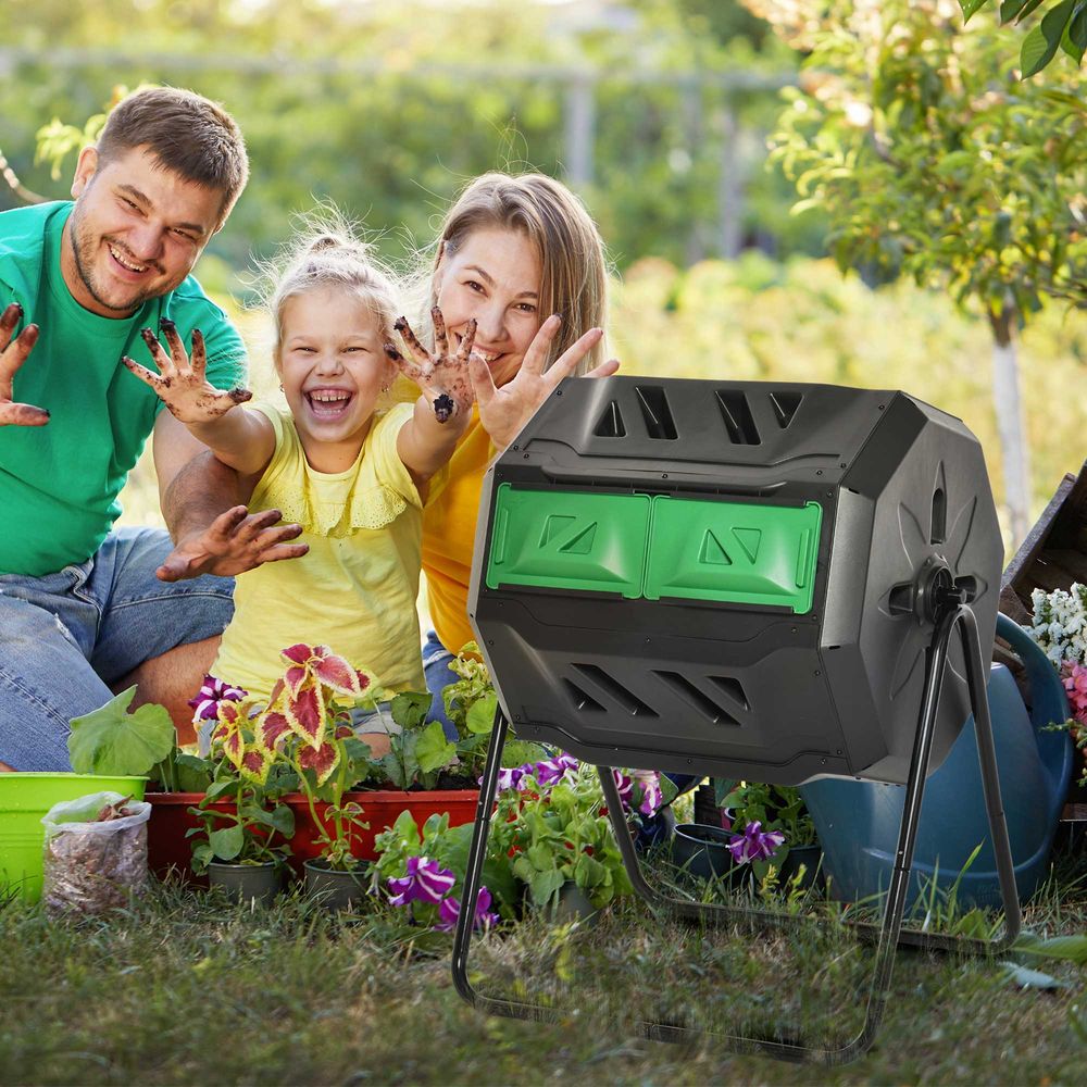 Outsunny Tumbling Compost Bin Dual Chamber 360 Rotating Composter 160L - Chartley Chucks
